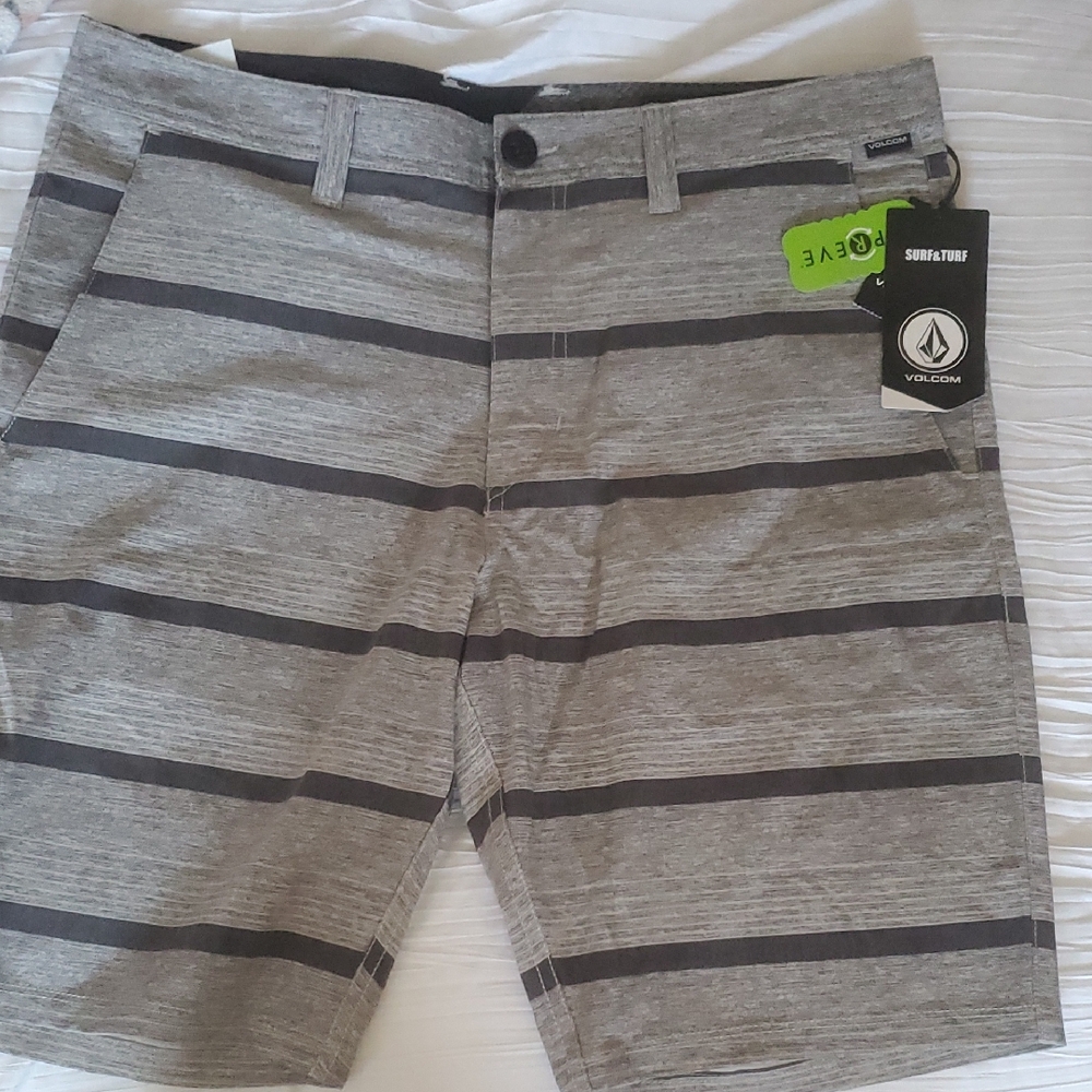 Volcom Men's Black and Gray Striped Shorts